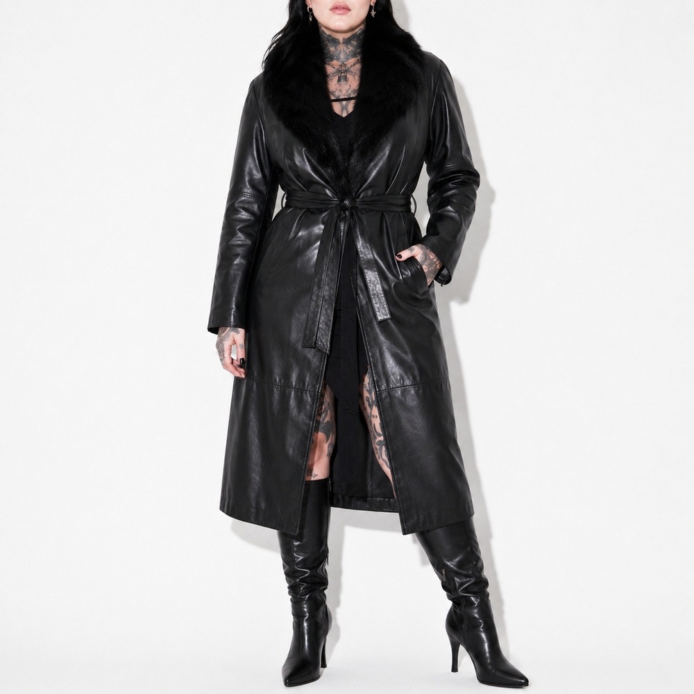 70s Vintage Leather Trench Women L Black Rabbit Fur Collar Statement Wrap Coat
